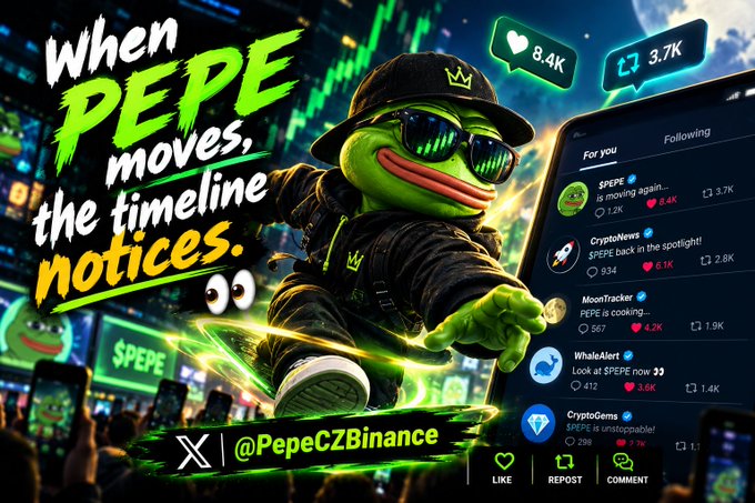 A promotional meme for the PEPE cryptocurrency featuring the character wearing sunglasses and a crown, with the text 'When PEPE moves, the timeline notices.' and the handle 'X | @PepeCZBinance'.