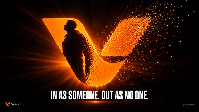 A Venuo fitness advertisement showing a silhouetted man forming a glowing orange 'V' shape, with the text 'IN AS SOMEONE. OUT AS NO ONE.'