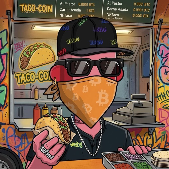 A streetwear-style cartoon character wearing a Bitcoin bandana and "WAGMI" cap holds a taco in front of a graffiti-covered "TACO-COIN" food truck menu listing prices in BTC (Al Pastor 0.0001, Carne Asada 1, NFTaco 0.0001). The scene humorously fuses crypto and NFT culture with fast food, fitting the post's "gm nfts" vibe.