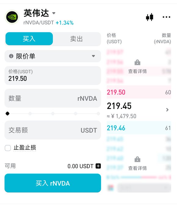 A cryptocurrency trading interface showing a 'Buy' screen for rNVDA/USDT at a price of 219.50 USDT, written in Chinese.
