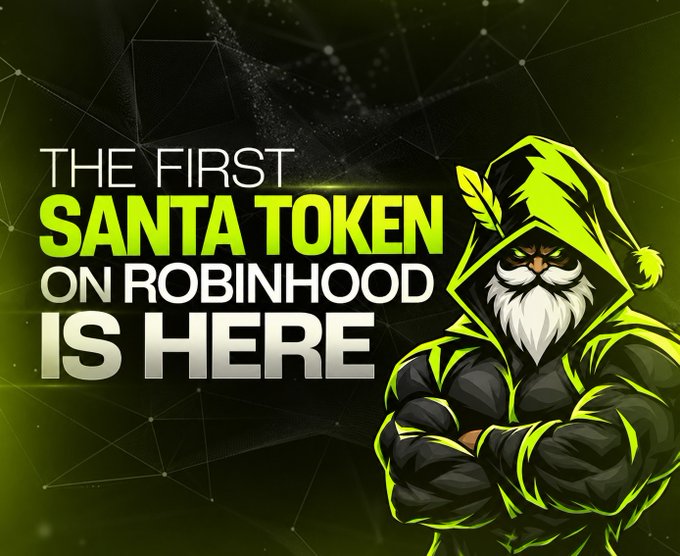 The graphic announces "THE FIRST SANTA TOKEN ON ROBINHOOD IS HERE" in bold green and white text, featuring a muscular, hooded owl character with a Santa-style white beard and glowing green eyes against a dark, web-patterned background. The image visually promotes the $SANTAHOOD token's milestone of becoming the first Santa-themed token on the Robinhood chain, aligning with the post's excitement about the early Christmas narrative and the project's 500X Golden Boost achievement.