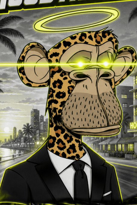 An illustrated character featuring a leopard-spotted ape head with a yellow glowing halo and laser-beam eyes, wearing a black suit and tie against a Miami-style cityscape with palm trees and Art Deco buildings at sunset. Partially visible text at the top appears to read "BORED" and "HO" is visible on a building sign.