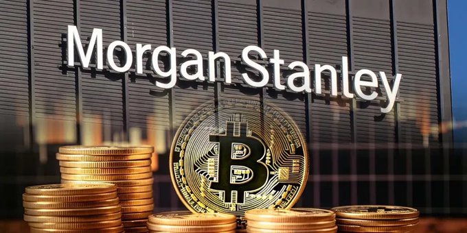 A composite image featuring the 'Morgan Stanley' name and signage on a glass building in the background, with stacks of gold coins and a large Bitcoin token in the foreground.