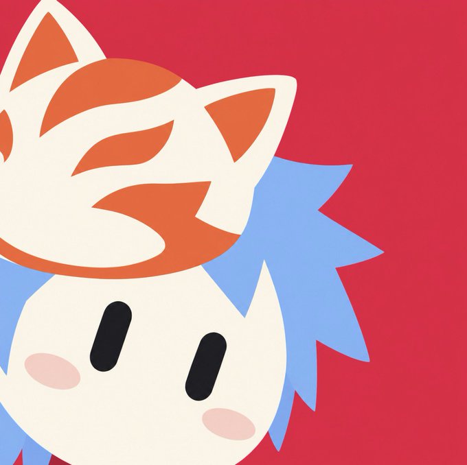 A cute cartoon character illustration features a white creature with cat ears, blue spiky hair, and pink cheek blushes against a red background.