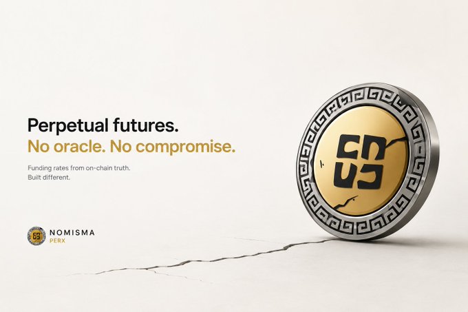 The image features a coin with a gold center and a black border, placed on a white surface. The text "Perpetual Futures" is written above the coin, while "No Oracle." is written below it. The phrase "Funding sources from both sides" is also present in the image. The post appears to be related to the development of a new type of currency or an innovative financial tool called a perp future.