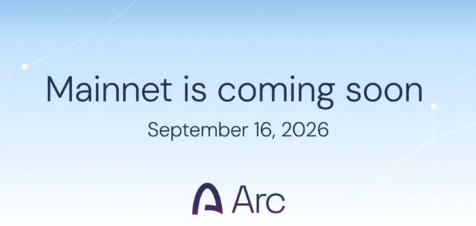A promotional graphic announcing that the Arc mainnet is coming soon on September 16, 2026, featuring the Arc logo against a light blue background with network-themed design elements. The image visually reinforces the post's message about entering the final stretch before the Arc mainnet launch, encouraging users to tie up loose ends and try Pay on Arc.