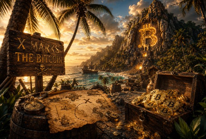 A fantasy digital artwork of a tropical treasure island at sunset, featuring a wooden sign reading 'X MARKS THE BITCOIN,' a treasure chest overflowing with gold Bitcoin coins, a map with an X, and a mountain carved with the Bitcoin symbol.