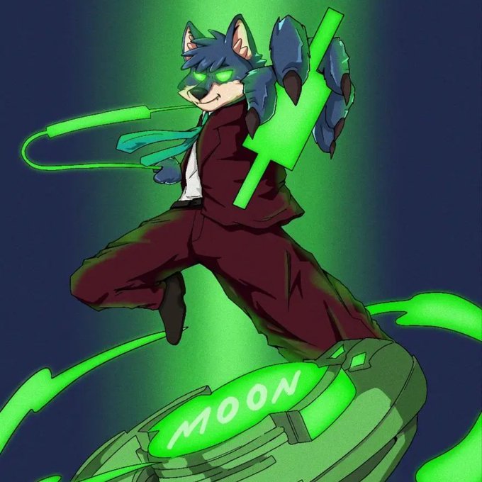 An illustration of a cartoon wolf character in a red suit standing on a green coin labeled 'MOON', holding a glowing green crypto-style symbol with a large 'X' design.