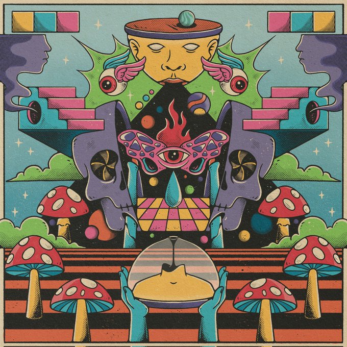 A vibrant psychedelic illustration featuring a crowned cat-like deity surrounded by symmetrical faces, eyes, butterflies, mushrooms, and flames in bold pink, teal, and orange colors.
