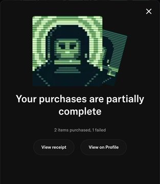 A digital pop-up notification showing a pixelated astronaut character with the message 'Your purchases are partially complete — 2 items purchased, 1 failed', along with 'View receipt' and 'View on Profile' buttons.