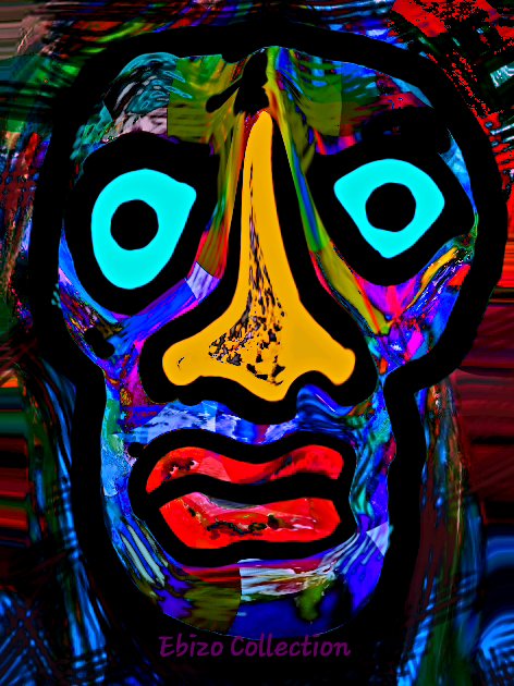 A vibrant, abstract digital painting depicts a stylized face with glowing cyan eyes, a prominent yellow triangular nose, and bold red lips, labeled 'Ebizo Collection' at the bottom.