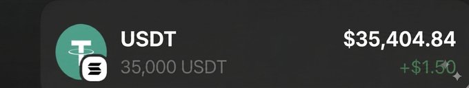 The image shows a USDT (Tether) cryptocurrency balance card displaying 35,000 USDT valued at $35,404.84, with a recent increase of +$1.50. This appears to serve as proof of funds for the post offering to send $35,000 in USDT to an active follower.
