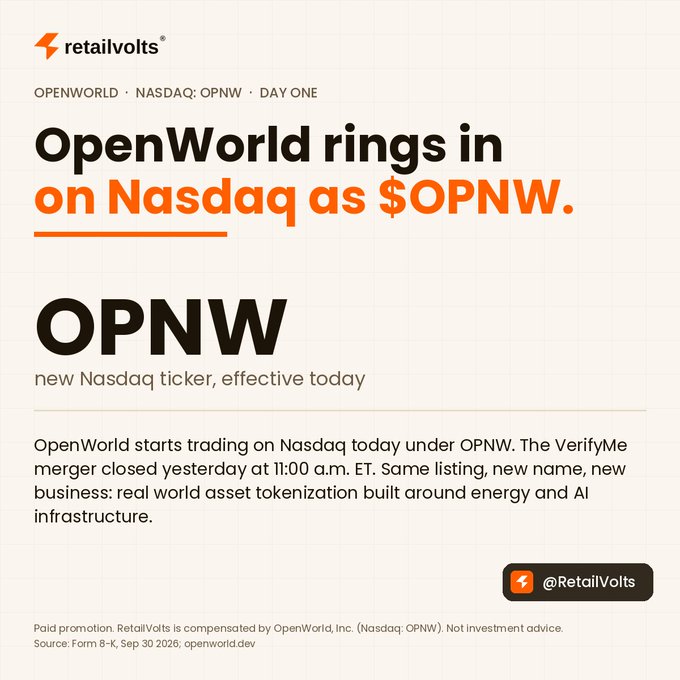 A promotional graphic from RetailVolts announcing that OpenWorld rings in on Nasdaq as $OPNW, with the new ticker effective today following the VerifyMe merger.