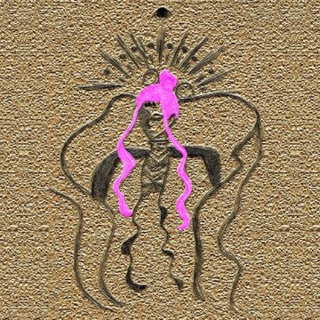 A digital artwork featuring a figure with pink fluid dripping from the top of their head, surrounded by black squiggly lines against a textured gold background.