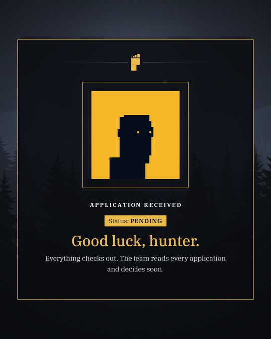 A dark application confirmation screen with a pixel-art silhouette reads 'APPLICATION RECEIVED, Status: PENDING, Good luck, hunter.'