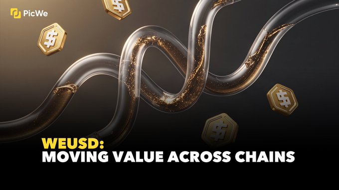 The image features a sleek, glass-like intertwined chain with golden particles flowing through it, accompanied by floating gold hexagonal tokens marked with "$" symbols against a dark background. The text reads "WEUSD: MOVING VALUE ACROSS CHAINS," visually reinforcing the message of WEUSD as a multi-chain settlement layer that seamlessly transfers value across fragmented RWA ecosystems.