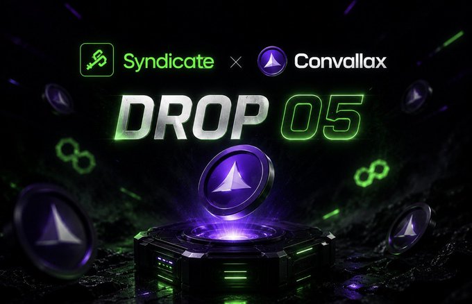 A promotional graphic announces 'DROP 05' featuring a collaboration between 'Syndicate' and 'Convallax', displaying a purple triangular coin on a glowing pedestal against a dark background.