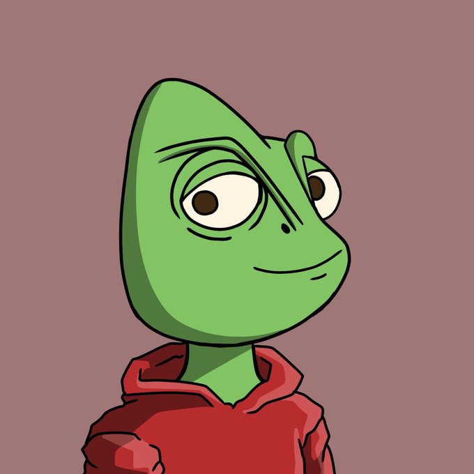 A green chameleon-like cartoon character wearing a red hoodie against a brown background.