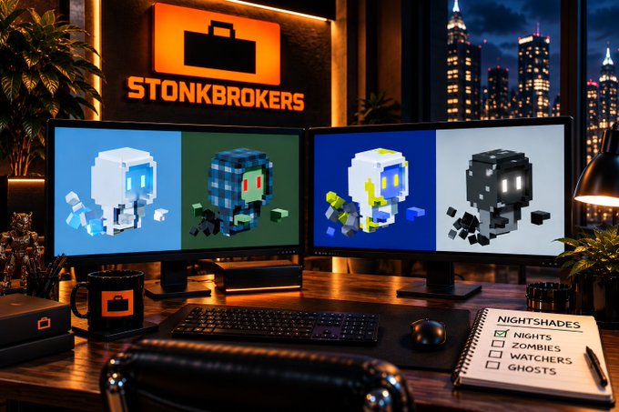 A desk setup featuring dual monitors displaying Minecraft-style character heads, with a neon 'STONKBROKERS' sign and a notepad listing 'NIGHTSHADES' with checkboxes for nights, zombies, watchers, and ghosts.
