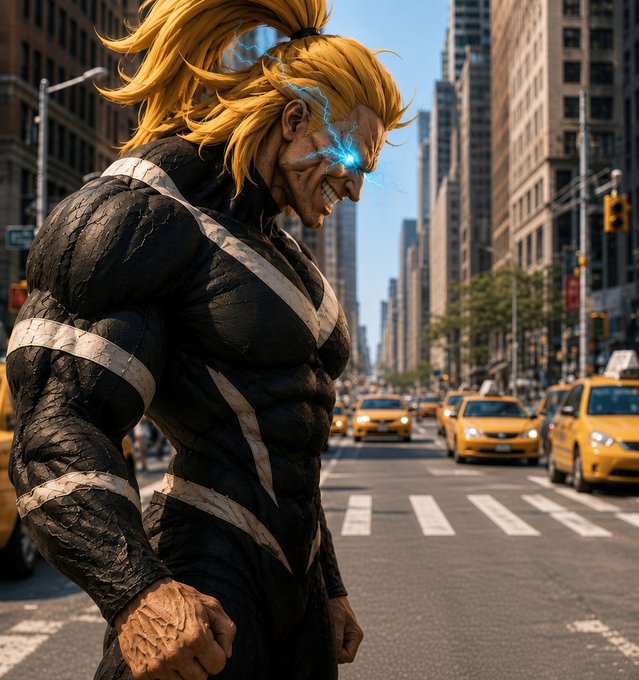 A cinematic AI-style image depicts a massive blond superhero in a black suit with white stripes walking down a city street as blue electricity glows around his eye and yellow taxis fill the road behind him.