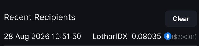 A "Recent Recipients" interface screenshot shows LotharIDX receiving 0.08035 ETH (~$200.01) on 28 Aug 2026 at 10:51:50, confirming the recent $200 prize payout to @LotharIDN announced in the post.