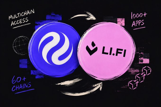 A stylized illustration shows two connected orbs—one blue with a white swirl logo and one pink labeled 'LI.FI'—with annotations for 'MULTICHAIN ACCESS', '1000+ APPS', and '60+ CHAINS'.