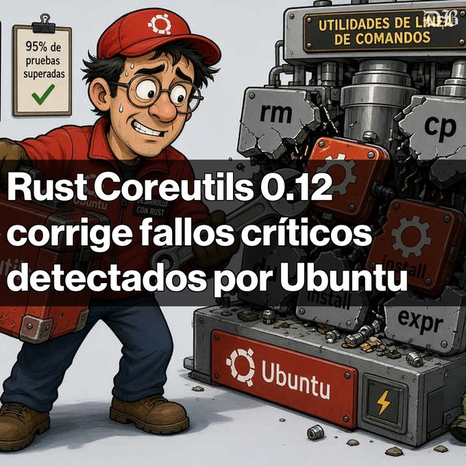 An illustrated graphic shows a cartoon repairman fixing machinery labeled 'rm', 'cp', and 'expr', with text reading 'Rust Coreutils 0.12 corrige fallos críticos detectados por Ubuntu' and a clipboard noting '95% de pruebas superadas'.