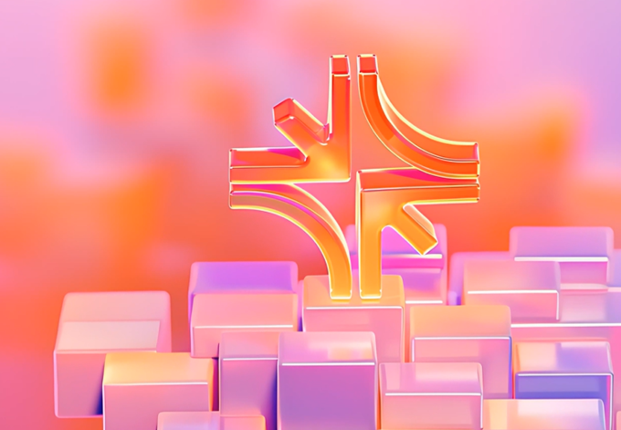 A 3D rendering of a stylized orange currency/yen symbol on a pink keyboard against a blurred pink and orange background.
