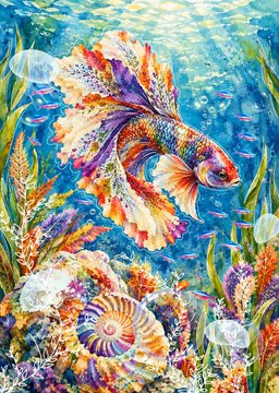 A colorful, detailed artwork depicting a vibrant betta fish swimming in an underwater scene filled with jellyfish, a nautilus shell, sea plants, and coral reefs.