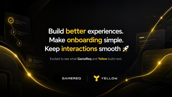 The image features a black background with yellow text that reads "Build better experiences. Make onboarding simple. Keep interactions smooth. Excited to see what GameReq and @Yellow build next." The image also includes a yellow logo for GameReq, which is located in the bottom right corner of the image.