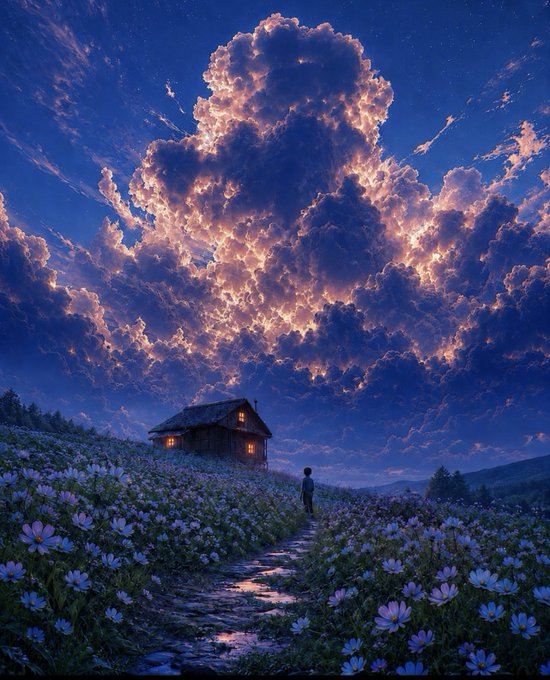 A small figure stands on a path through a field of blue flowers, looking up at a glowing house and dramatic, illuminated cumulus clouds in a twilight sky.