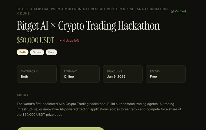 The image shows a screenshot of a website dedicated to a Bitcoin trading hackathon event. The website's title suggests that this is an AI-powered Bitcoin trading hackathon where participants can potentially earn up to $50,000 from a pool of funds available for the event. The image also contains some text discussing the event details and inviting people to participate in it by clicking on the "Focus on what is in the image" button near the bottom right corner.