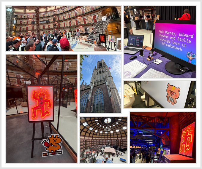 A collage of photos shows scenes from an event including crowds, a cathedral, neon artwork, and a monitor displaying "Jack Dorsey, Edward Snowden and Stella Assange love it #freedomtech".