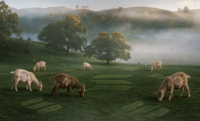 A surreal landscape depicting four goats grazing in a misty field; three white goats and one brown goat have cryptocurrency logos, including Cardano and Zcash, branded on their sides.