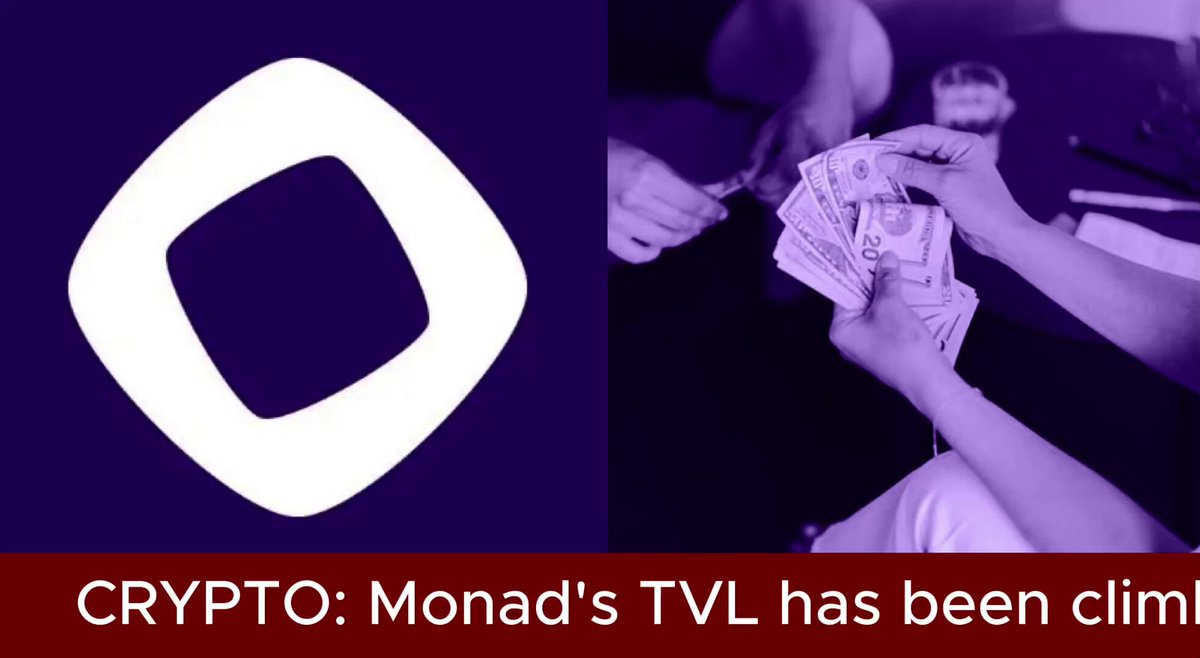 The image shows two people handing each other stacks of cash. The text overlay says "Crypto: Monad's TVL has jumped +26% in the past month. @Monad's TVL has climbed to as high as $387 million at time of writing, clocking a +26.25% increase in the past month alone. $MONAD'S growing DeFi ecosystem is doubly impressive, given it has grown against a backdrop of collapsing". The main focus is on the financial aspect related to Monad's TVL and its growth over time.