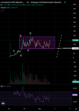 A Robinhood chart for $MICRODUCK/USD on the 1-hour timeframe shows price consolidating between roughly 12,000 and 14,000 with an ascending base and bullish momentum indicators (RSI ~60-80, rising volume), aligning with the poster's bullish call to a 100m market cap target.