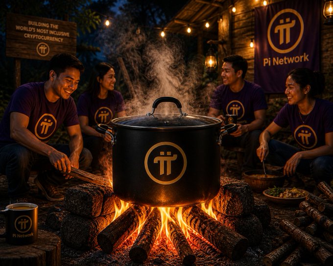A group of people wearing purple 'Pi Network' shirts gathered around a campfire cooking in a large pot with the Pi logo, alongside a sign reading 'BUILDING THE WORLD'S MOST INCLUSIVE CRYPTOCURRENCY'.