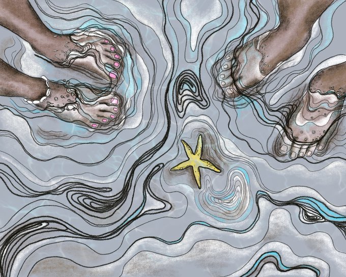 An illustrated artwork showing two pairs of feet, one with pink nail polish and an anklet, the other larger and bare, standing in rippling water with a yellow starfish between them.