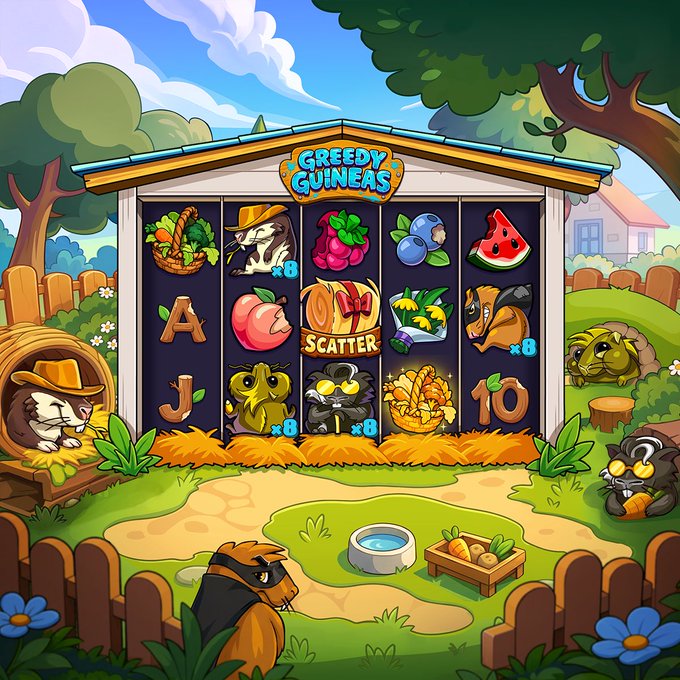 A sneak peek of the "Greedy Guineas" slot game featuring a colorful barn-themed slot machine with cartoon guinea pig characters, fruits, vegetables, and letter symbols (A, J) alongside scatter symbols and an x8 multiplier, all set in a whimsical backyard scene with guinea pigs roaming around the reels. The game is being developed for Stake Engine RGS and inspired by the creator's real pet guinea pigs.