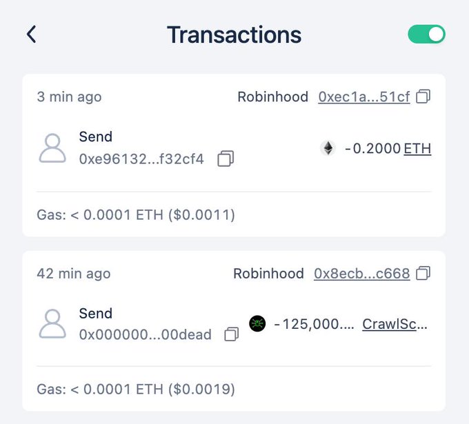 A mobile wallet screenshot showing two recent 'Send' transactions: 0.2000 ETH to address 0xe96132...f32cf4 and 125,000 tokens called 'CrawlSc...' to address 0x000000...00dead.
