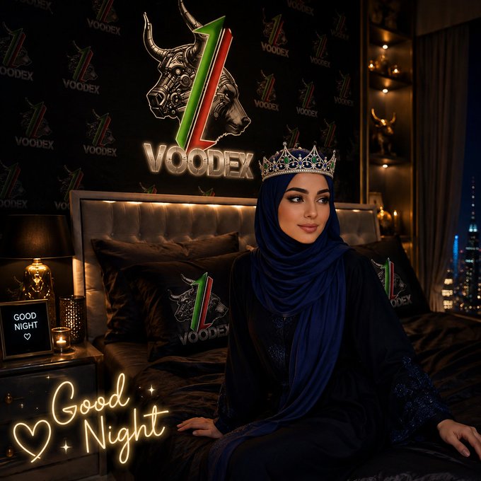 A woman wearing a dark blue hijab and a jeweled crown sits in a luxury bedroom decorated with 'VOODEX' branding, featuring a bull logo and a 'Good Night' neon sign.