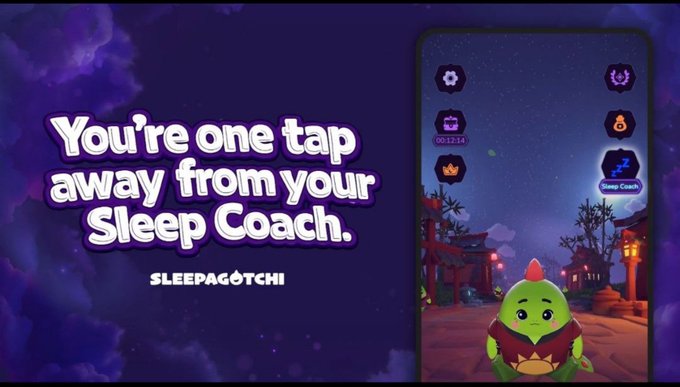 A purple promotional banner for the app "Sleepagotchi" reads "You're one tap away from your Sleep Coach," featuring a green dinosaur-like character on a phone screen alongside game interface icons.