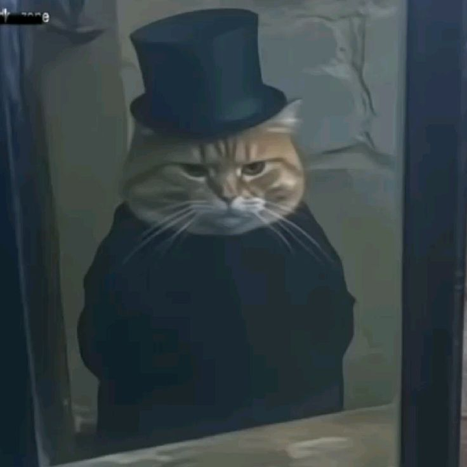A grumpy-looking orange and white cat wearing a black top hat and black cape/cloak, photographed in what appears to be a frame or display.