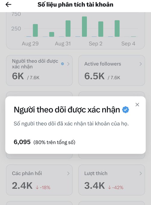 Vietnamese account analytics screenshot showing 'Số liệu phân tích tài khoản' with 6K confirmed followers and 6.5K active followers, with a popup detailing 6,095 verified followers.