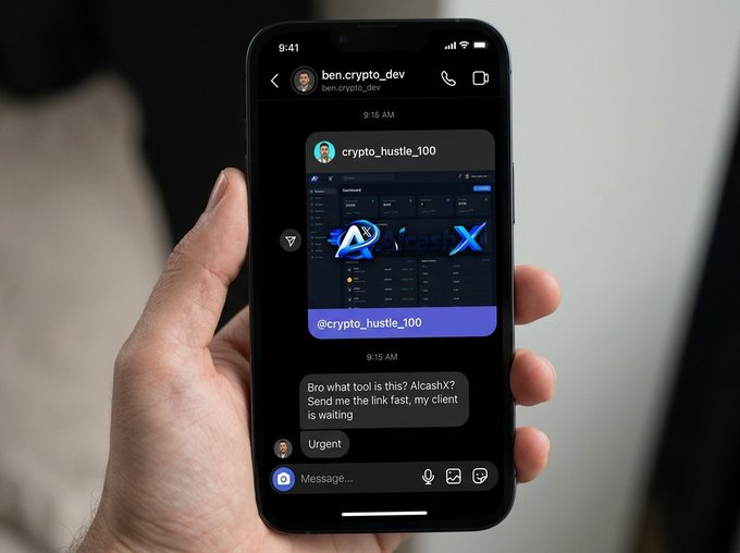 A hand holding a smartphone displaying a chat conversation with 'ben.crypto_dev' and 'crypto_hustle_100', showing a forwarded message about 'AlcashX' trading tool with a Dexcheck dashboard screenshot.