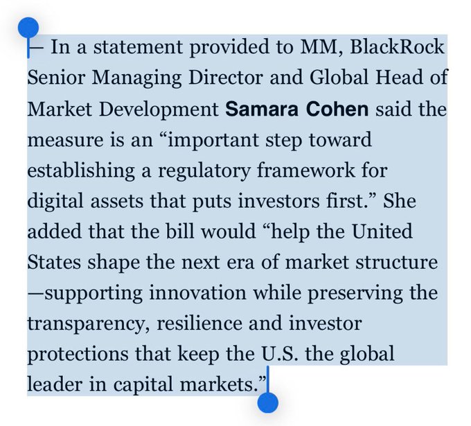 The image shows a quote from BlackRock's Samara Cohen praising a digital asset regulation bill as an "important step" toward establishing a regulatory framework for digital assets. The accompanying "Oh fuck" post likely reflects frustration or dismay from a crypto community member who opposes traditional financial giants like BlackRock gaining influence over digital asset regulation.