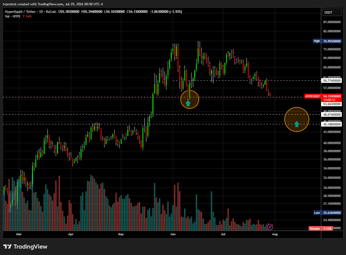 The image shows a TradingView daily chart of HYPE/USDT (Tether) with a Hyperliquid quote of 55.18, highlighting a key support level near 55.12 and a pending critical breakdown below 52, as referenced in the post.