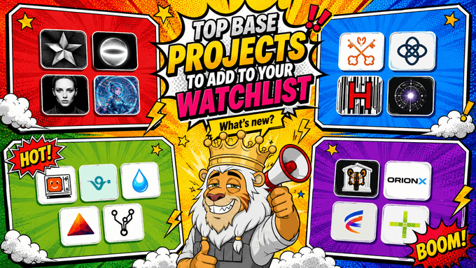 The image features a poster for a project called "Top Base Projects To Add To Your Watchlist @Base" that includes various logos and icons related to different projects. The poster also has a cartoon character holding a megaphone, which adds a fun and engaging element to the presentation. The text on the poster encourages viewers to add these projects to their watchlists for easy access and quick reference.