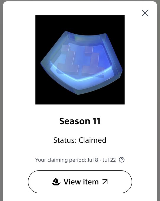 A digital claim card showing a blue glowing 'Season 11' badge with 'Status: Claimed' and a claiming period of 'Jul 8 - Jul 22', with a 'View item' button.