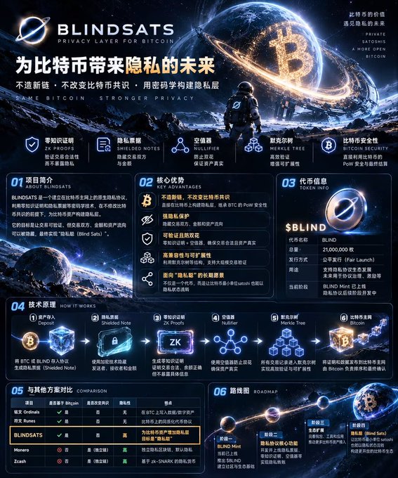 An infographic for BLINDSATS, a privacy layer for Bitcoin, detailing project introduction, key advantages, token information (ticker: $BLIND), how it works, comparison with other schemes, and roadmap, with text primarily in Chinese.